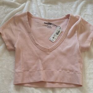 Garage Light Pink Ribbed V-Neck Crop Top